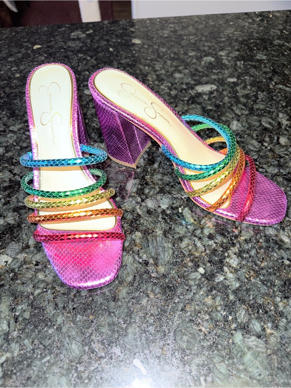 Jessica Simpson Metallic Pink Rainbow Strap Block Heel Mules Size 8.5